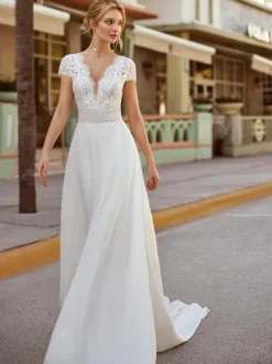 Vintage Wedding Dress V-Neck Short Sleeves Natural Waist Satin Fabric Sweep Lace Bridal Dress