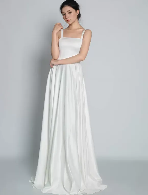 Vintage Wedding Dresses Square Neckline Sleeveless Satin Fabric Court Train Sash Bridal Dress Free Customization