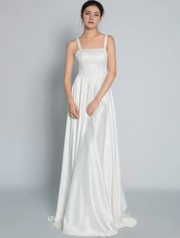 Vintage Wedding Dresses Square Neckline Sleeveless Satin Fabric Court Train Sash Bridal Dress Free Customization