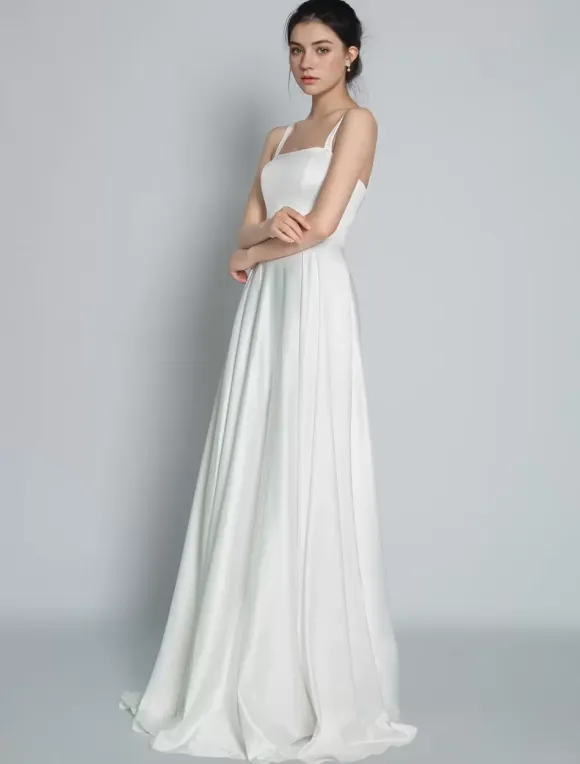Vintage Wedding Dresses Square Neckline Sleeveless Satin Fabric Court Train Sash Bridal Dress Free Customization