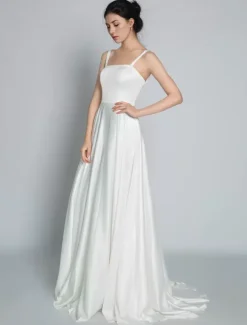 Vintage Wedding Dresses Square Neckline Sleeveless Satin Fabric Court Train Sash Bridal Dress Free Customization