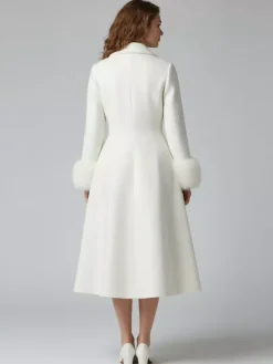 Vintage A-line Woolen Flared Midi Coat With Detachable faux fur cuffs In White 2026
