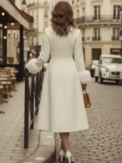 Vintage A-line Woolen Flared Midi Coat With Detachable faux fur cuffs In White 2026