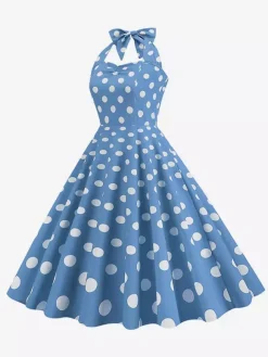 Vintage Chic Pink Polka Dot Halter Midi Dress