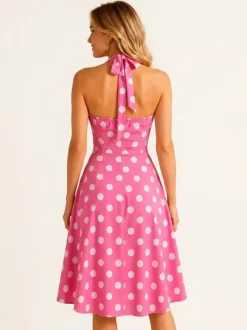 Vintage Chic Pink Polka Dot Halter Midi Dress