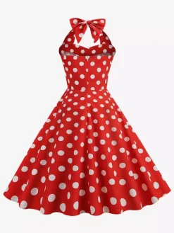 Vintage Chic Pink Polka Dot Halter Midi Dress