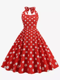 Vintage Chic Pink Polka Dot Halter Midi Dress