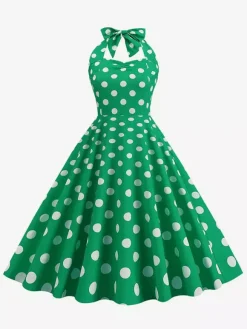 Vintage Chic Pink Polka Dot Halter Midi Dress
