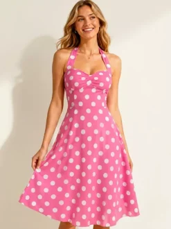 Vintage Chic Pink Polka Dot Halter Midi Dress