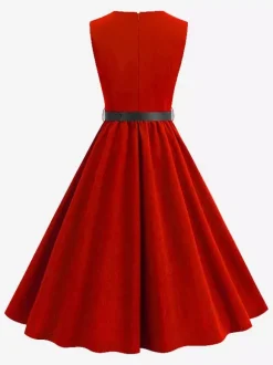 Vintage Chic Red Fitted Waist Midi Dress
