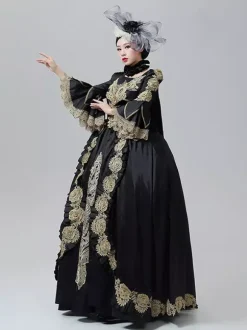 Vintage Dress Baroque Rococo Victorian Court Gown Marie Antoinette Style Gold Embroidery Black Dress