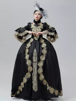 Vintage Dress Baroque Rococo Victorian Court Gown Marie Antoinette Style Gold Embroidery Black Dress