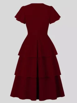 Vintage Dress Women's Elegant Tiered Midi Dress Short Flutter Sleeve Tie Front Fit And Flare Dress