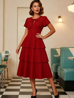 Vintage Dress Women's Elegant Tiered Midi Dress Short Flutter Sleeve Tie Front Fit And Flare Dress