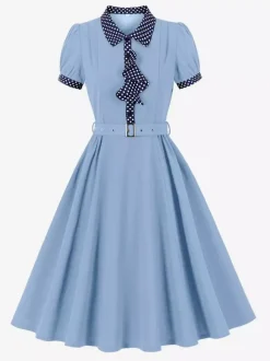 Vintage Dress Women's 1950s Swing Dress Polka Dot Collar Bow Tie Tea Party Midi Dress