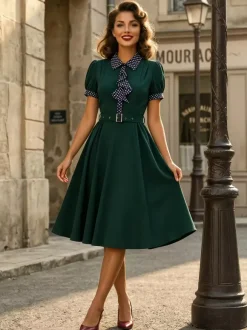Vintage Dress Women's 1950s Swing Dress Polka Dot Collar Bow Tie Tea Party Midi Dress