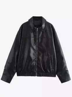Vintage Faux Leather Bomber Jacket For Women - Retro Zip Up Oversized Harrington Moto Coat - Spring Casual Outerwear 2026