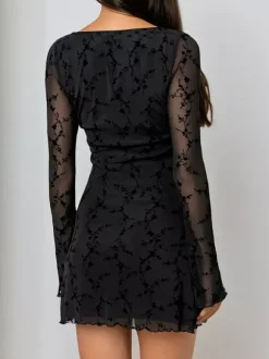 Vintage Floral Lace Women Bodycon Mini Dress - Sexy Sheer Long Sleeve Square Neck - Coquette Aesthetic Spring Date Night 2026