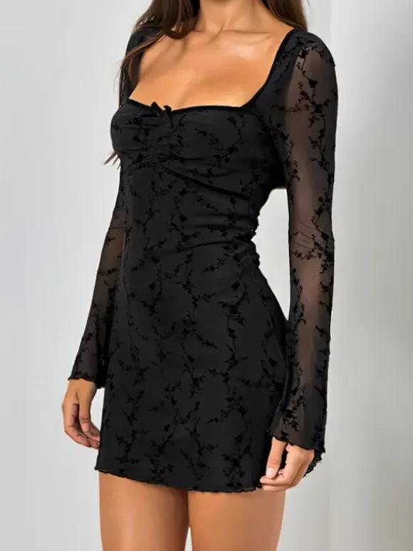 Vintage Floral Lace Women Bodycon Mini Dress - Sexy Sheer Long Sleeve Square Neck - Coquette Aesthetic Spring Date Night 2026