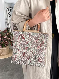 Vintage Floral Print Bamboo Handle Tote Bag Large Capacity Canvas Shoulder Handbag