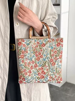 Vintage Floral Print Bamboo Handle Tote Bag Large Capacity Canvas Shoulder Handbag