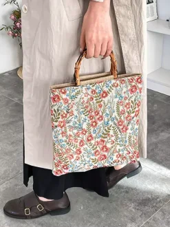 Vintage Floral Print Bamboo Handle Tote Bag Large Capacity Canvas Shoulder Handbag
