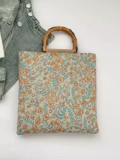 Vintage Floral Print Bamboo Handle Tote Bag Large Capacity Canvas Shoulder Handbag