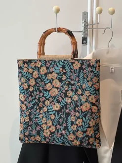 Vintage Floral Print Bamboo Handle Tote Bag Large Capacity Canvas Shoulder Handbag
