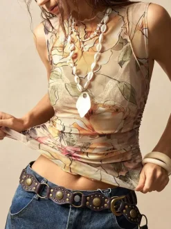 Vintage Floral Print Ruched Mock Neck Mesh Sleeveless Tank Top For Women 2026