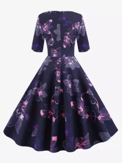 Vintage Glamour Dress Black 1950s Style Floral Print Layered Half Sleeves Sweetheart Neck Medium Rockabilly Dress