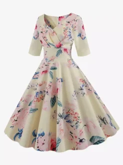 Vintage Glamour Dress Black 1950s Style Floral Print Layered Half Sleeves Sweetheart Neck Medium Rockabilly Dress