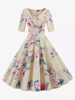 Vintage Glamour Dress Black 1950s Style Floral Print Layered Half Sleeves Sweetheart Neck Medium Rockabilly Dress
