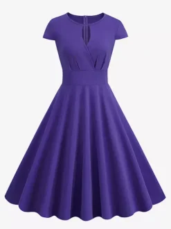 Vintage Glamour Dress 1950s Style Jewel Neck Cut Out Short Sleeves Medium Swing Dress