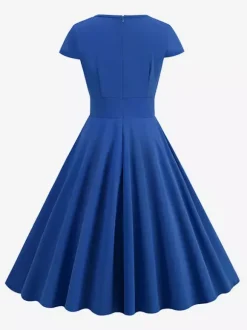 Vintage Glamour Dress 1950s Style Jewel Neck Cut Out Short Sleeves Medium Swing Dress