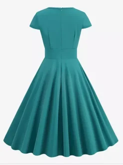 Vintage Glamour Dress 1950s Style Jewel Neck Cut Out Short Sleeves Medium Swing Dress