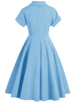 Vintage Glamour Dress Turndown Collar Buttons 1950s Style Short Sleeves Medium Yellow Rockabilly Dress