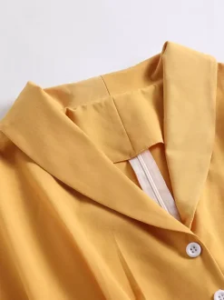 Vintage Glamour Dress Turndown Collar Buttons 1950s Style Short Sleeves Medium Yellow Rockabilly Dress