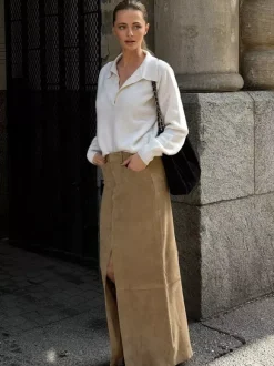 Vintage Khaki Faux Suede Front Slit High Waist Maxi Skirt