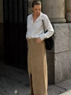 Vintage Khaki Faux Suede Front Slit High Waist Maxi Skirt