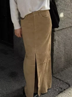 Vintage Khaki Faux Suede Front Slit High Waist Maxi Skirt