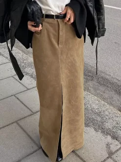 Vintage Khaki Faux Suede Front Slit High Waist Maxi Skirt