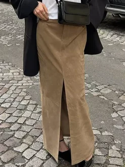 Vintage Khaki Faux Suede Front Slit High Waist Maxi Skirt