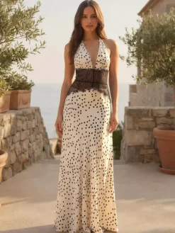 Vintage Polka Dot Halter Deep V Neck Lace Patchwork Maxi Dress For Women 2026