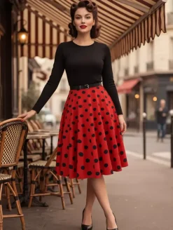 Vintage Polka Dot Swing Dress for Women - 1950s Rockabilly Long Sleeve Belted A-Line Midi Dress - Spring Retro Party 2026