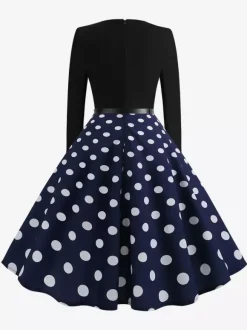 Vintage Polka Dot Swing Dress for Women - 1950s Rockabilly Long Sleeve Belted A-Line Midi Dress - Spring Retro Party 2026