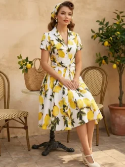 Vintage Printed Tea Dress for Women - 1950s A-Line Belted Short Sleeve Rockabilly Swing Midi Dress - Holiday Picnic 2026