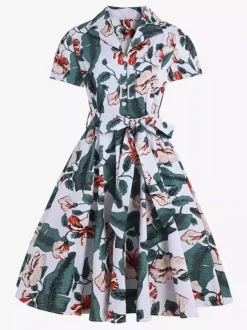 Vintage Printed Tea Dress for Women - 1950s A-Line Belted Short Sleeve Rockabilly Swing Midi Dress - Holiday Picnic 2026