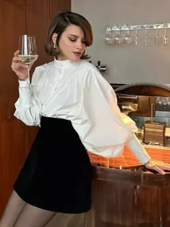 Vintage Puff Sleeve Blouse With Stand-Up Collar In Autumn For Women 2026