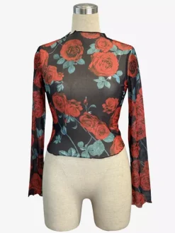Vintage Rose Floral Print Lettuce Trim Mesh Long Sleeve Skinny Top For Women 2026