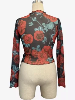 Vintage Rose Floral Print Lettuce Trim Mesh Long Sleeve Skinny Top For Women 2026